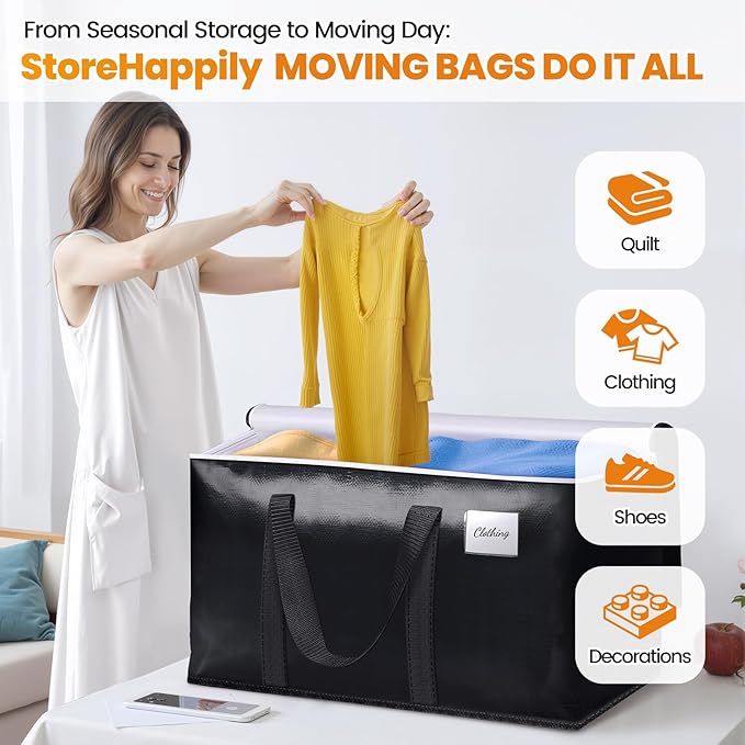 StoreHappily Heavy-Duty & Extra Capacity Moving Bags with Backpack Straps, Storage Totes with Double Zipper & Strong Handles, Packing Bags Alternative to Moving Boxes, Moving Supplies (6 Pack, Black)