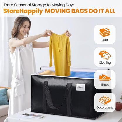 StoreHappily Heavy-Duty & Extra Capacity Moving Bags with Backpack Straps, Storage Totes with Double Zipper & Strong Handles, Packing Bags Alternative to Moving Boxes, Moving Supplies (2 Pack, Black)