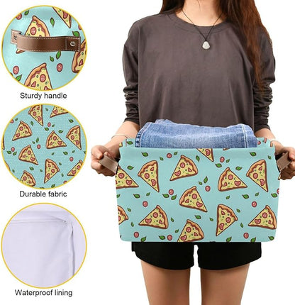 Doodle Pizza Storage Baskets,Decorative Collapsible Rectangular Canvas Fabric Storage Bin for Home,2 Pack