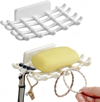 Soap Holder Soap Dish with Hooks Razor Holder Adhesive Bar Soap Holder No Drilling Soap Saver Tray for Shower Wall Bathroom Organizer Shower Rack Bathtub Sink (White+White)