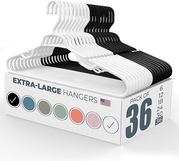 Large & Wide Heavy Duty Clothes Hangers 36 Pack – Made in USA – Ideal for Plus Size Clothing – 10lb Plastic Hangers with Notches for Oversized Adult Coats & Pants – White & Black