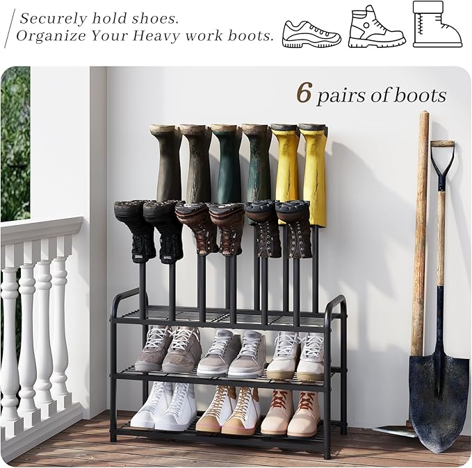 Kitsanery Shoe Rack - 3-Tier Metal Boot Rack Organizer for Entryway, Closet & Garage, Free Standing Shoe Shelf for Storage Tall Boots, Sneakers, Cowboy Boots, Black (Medium - 6 Pairs)