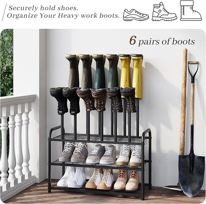 Kitsanery Shoe Rack - 3-Tier Metal Boot Rack Organizer for Entryway, Closet & Garage, Free Standing Shoe Shelf for Storage Tall Boots, Sneakers, Cowboy Boots, Black (Medium - 6 Pairs)
