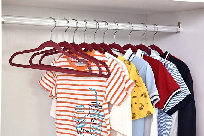 30+10 Quality Kids Children's Plastic Non Velvet Non-Flocked Thin Compact Shirt and Skirt/Pant Bundle Coat Hangers with Metal Clips for Skirts Pants Blouses 360° Swivel Hook, Jacket, Raspberry