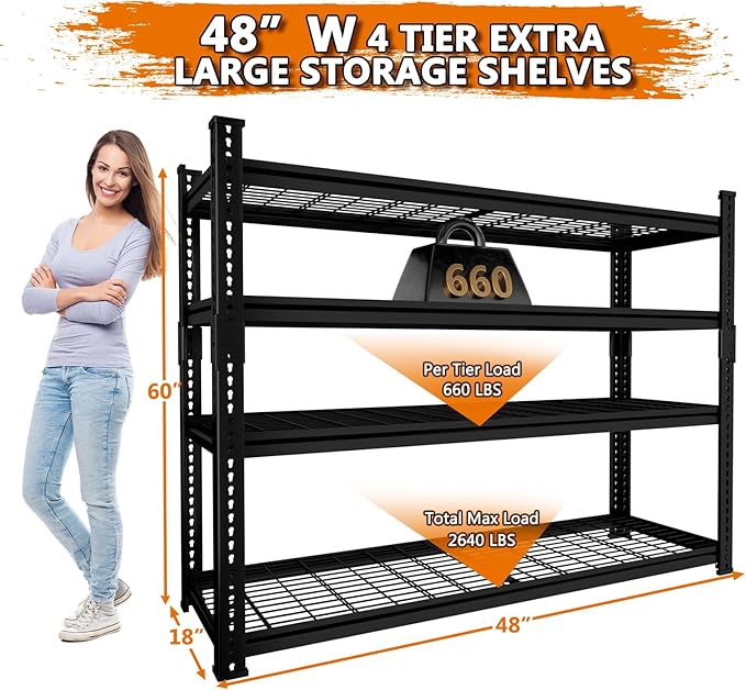 Storage Shelves Heavy Duty, 48"L x 18"W x 60"H Garage Wire Shelving Unit Loads 2640LBS, 4-tier Adjustable Metal Industrial Utility Shelf Rack for Kitchen, Laundry Room, Pantry, Warehouse, Basement