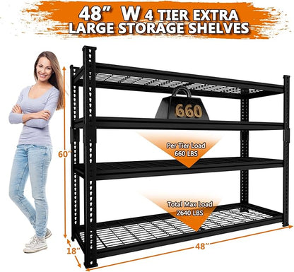 Storage Shelves Heavy Duty, 48"L x 18"W x 60"H Garage Wire Shelving Unit Loads 2640LBS, 4-tier Adjustable Metal Industrial Utility Shelf Rack for Kitchen, Laundry Room, Pantry, Warehouse, Basement