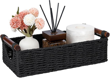 CubesLand Wicker Toilet Storage Basket Tray Organizer W/Cut Out Handle, Slim Decorative Basket for Countertop, Shelves And for Versatile Home Decor, Living Room, Nursery Organization, Black