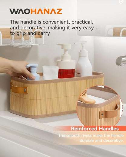 Narrow Storage Bins, Small Basket for Closet and Shelves, Bamboo Toilet Paper Storage Organizer with Handles for Countertop-Bathroom-Home Decor, 4-Pack