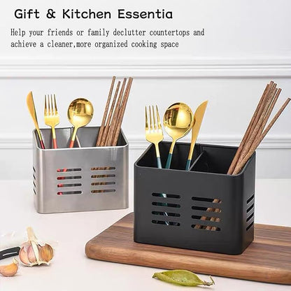 Kitchen Utensil Holder for countertop, 2 Compartment Caddy & Organizer for Drying Cooking Spoons Utility Sturdy Home Kitchen Daily Use Utensil Drainer (Black)