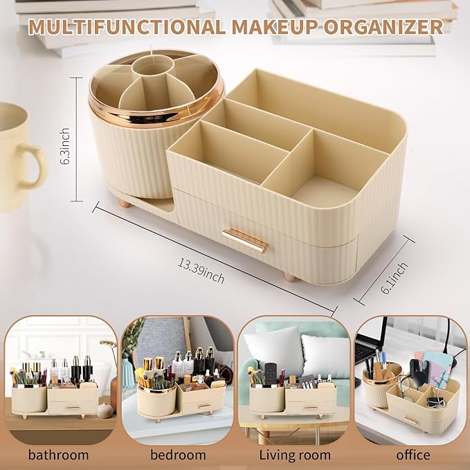 Beborxue 360° Rotating Makeup Organizer for Vanity with Drawers, Large Capacity Cosmetic Display Case, skincare organizer, Cosmetic Organizer for Lipstick, Skincare, Brushes, Eyeshadow, (Rice White)