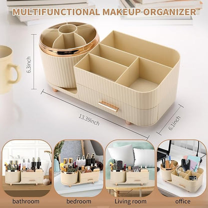 Beborxue 360° Rotating Makeup Organizer for Vanity with Drawers, Large Capacity Cosmetic Display Case, skincare organizer, Cosmetic Organizer for Lipstick, Skincare, Brushes, Eyeshadow, (Rice White)