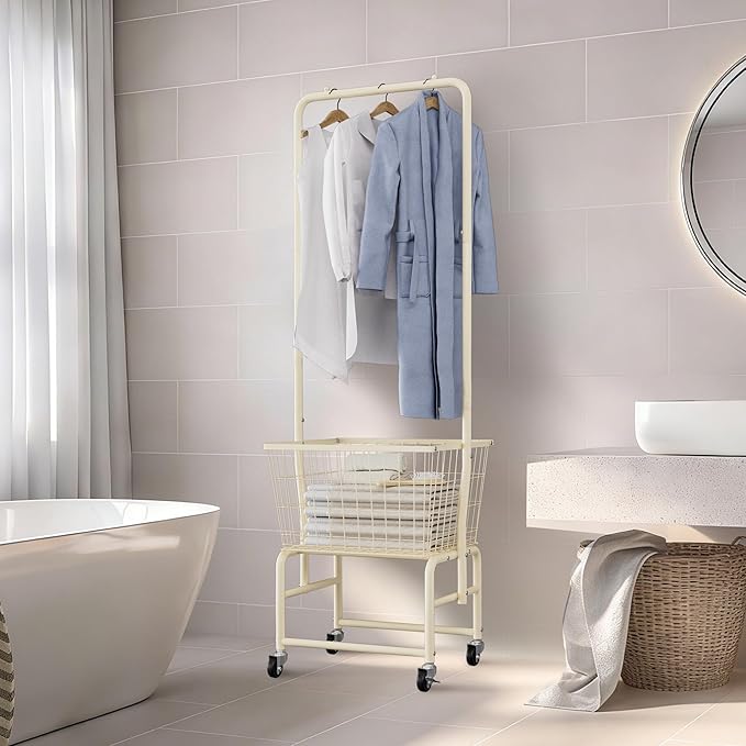 Rolling Laundry Cart with Wheels, Laundry Hamper Basket Organizer with Clothes Hanging Rack, Wire Storage Cloth Shelf Butler, Cream