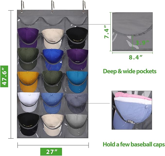 Dofilachy Hat Rack - Hat Organizer - Hat Racks for Baseball Caps, Visible Hat Holder - Baseball Hat Rack for Wall Door with 3 Hooks, 18 Deep Pockets(Grey, medium)