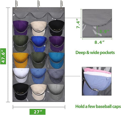 Dofilachy Hat Rack - Hat Organizer - Hat Racks for Baseball Caps, Visible Hat Holder - Baseball Hat Rack for Wall Door with 3 Hooks, 18 Deep Pockets(Grey, medium)