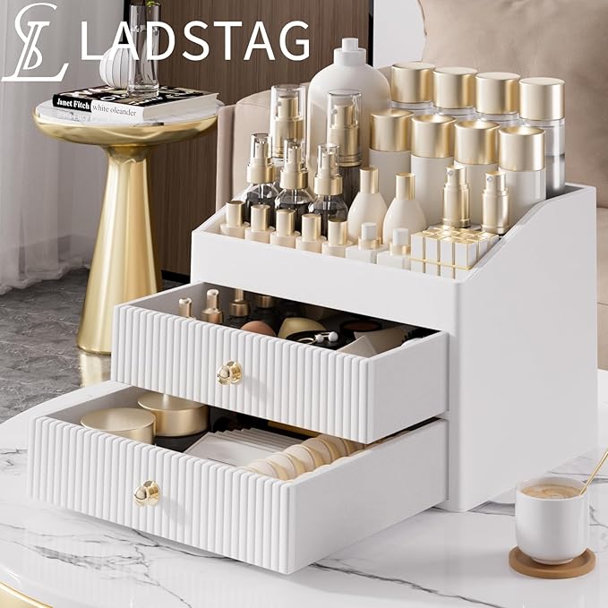 LADSTAG Makeup Organizer Countertop,Leather Makeup Storage with 2 Drawers,Large Capacity Beige White Make up Organizers for Counter,Bedroom,Bathroom,Birthday Gifts for Women