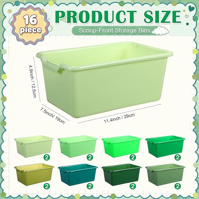 Dandat 16 Pcs Plastic Book Bins for Classroom Library Cubby Bins Scoop Front Stackable Toy Storage Tubs Containers for School Office Home Nursery Playroom Organization (Green Series)