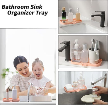 MicoYang Silicone Bathroom Soap Dishes with Drain Spout-Bathroom and Kitchen Sink Organizer,Sponge Holder,Dish Soap Tray,Perfect for Dispenser,Scrubber,Bottle,Cup on Sink or Counter-Pink 9.6"×5.3"