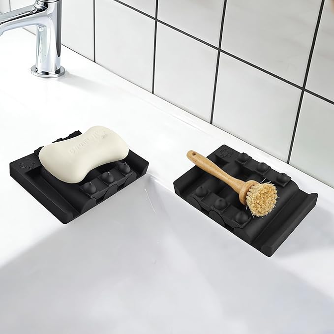 Silicone Soap Dish,Self Draining Soap Holder Perfect for Shower,Bathroom Sink,Kitchen Sink & Travel,Non-Slip Bar Soap Holder Extend Soap Life,Keep Soap Bars Dry & Easy Cleaning NBlack-1Pcs