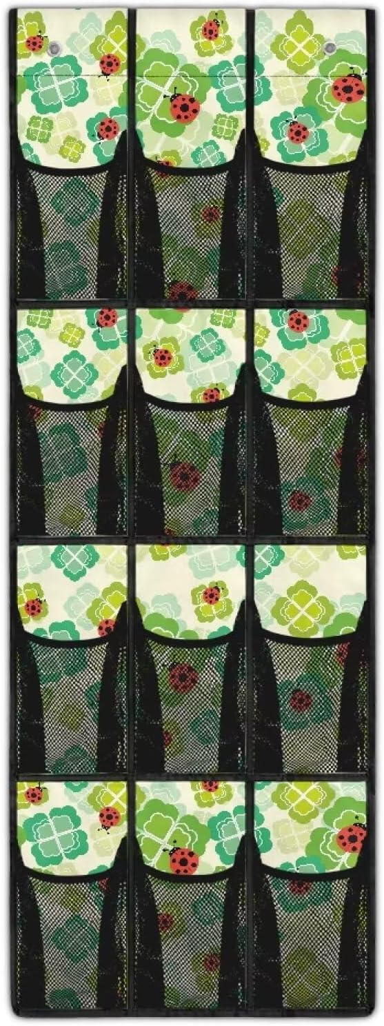 Versatile 12-Pocket Behind The Door Hanging Organizer, Made of Oxford Cloth, Waterproof Foldable and Perfect for Bathroom Bedroom Closet Storage, Lucky Leaf Ladybug