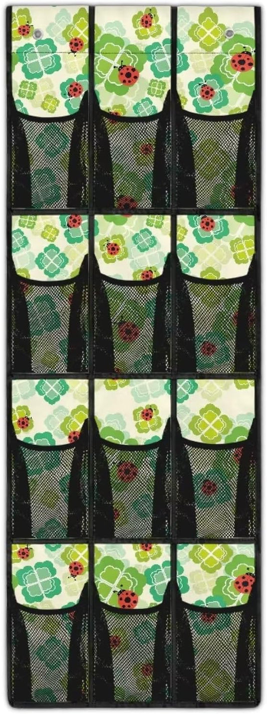 Versatile 12-Pocket Behind The Door Hanging Organizer, Made of Oxford Cloth, Waterproof Foldable and Perfect for Bathroom Bedroom Closet Storage, Lucky Leaf Ladybug