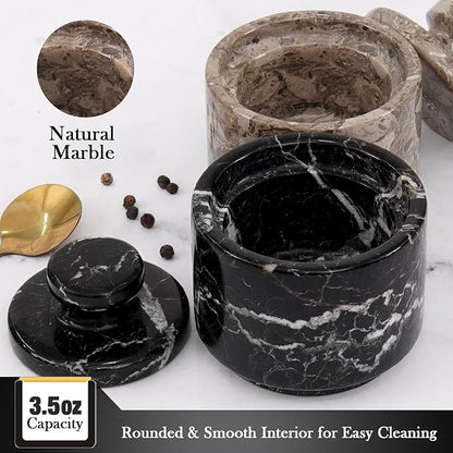 MARBLOUS KRAFTS Marble Salt Cellar with Lid 3" Zebra Black and Oceanic Sea Salt, Pepper Container for Kitchen Storage, Stone Spice Jar, Perfect Mother’s Day Gift, New Home