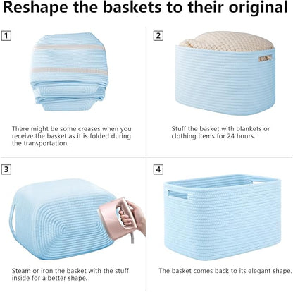 OIAHOMY 4 Pack Storage Baskets for Organizing, Cube Storage Bins for Shelves, Rectangle Storage Baskets With Handles, Woven Baskets for Storage, 12.7''Lx9''Wx7.8''H, Light Blue