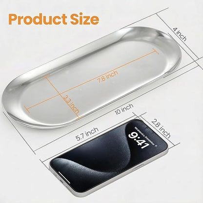 Silver Decorative Tray, 2 PCS Bathroom Vanity Tray for Dresser Counter, Elegant Jewelry Dish Tray for Decor, Silver Platter Serving Tray Organizer for Perfume Trinket Key Candle, Stainless Steel, Oval