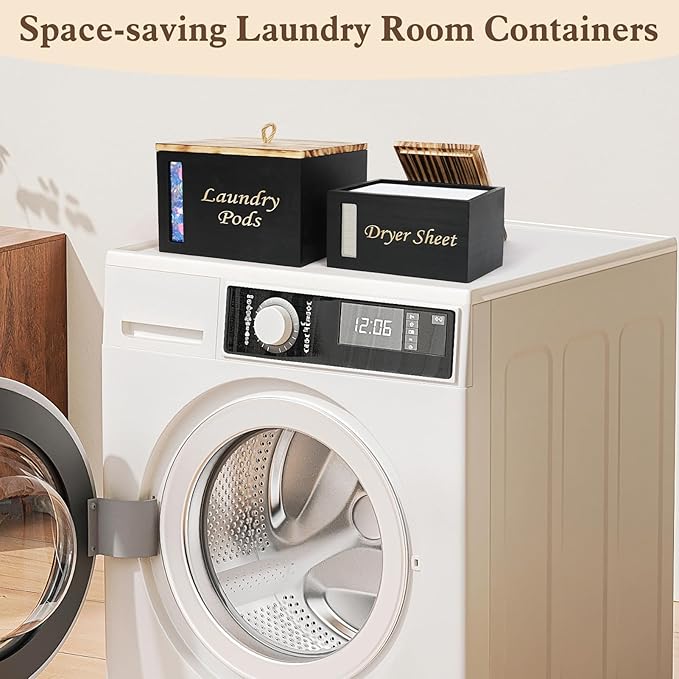 2 Pcs Wood Laundry Pods Container & Dryer Sheet Holder, Solid Pine Laundry Sheet Container Dispenser with Visible Window for Laundry Accessories, Farmhouse Decor for Laundry Room Refresh(Black)