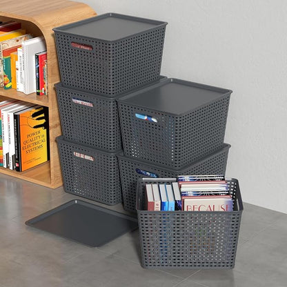 6-Pack Large Plastic Storage Baskets with Lid, Lidded Storage Organizer Bins, Gray