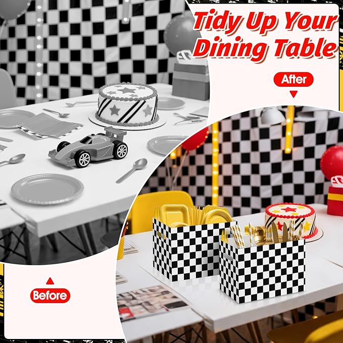 2PCS Black and White Checkered Utensil Holder Paper Utensil Caddy for Checkered Birthday Decorations Race Car Party Favors Disposable Cutlery Holder with Handles for Birthday Party Supplies