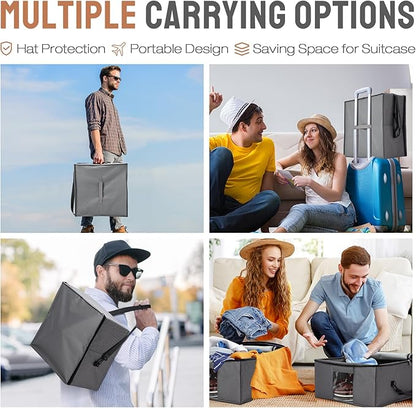 Wonderjune 2 Pcs Hat Storage Box Upgrade Stackable Organizer with Lids Cowboy Hat Box Large Square Bag Foldable Closet Sheet Organizer Travel Container for Men Women(Grey)
