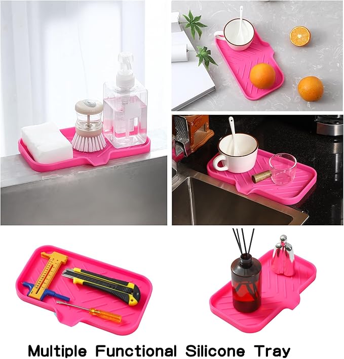 MicoYang Silicone Bathroom Soap Dishes with Drain Spout-Bathroom and Kitchen Sink Organizer,Sponge Holder,Dish Soap Tray,Perfect for Dispenser,Scrubber,Bottle,Cup on Sink or Counter-Rose 9.6"×5.3"