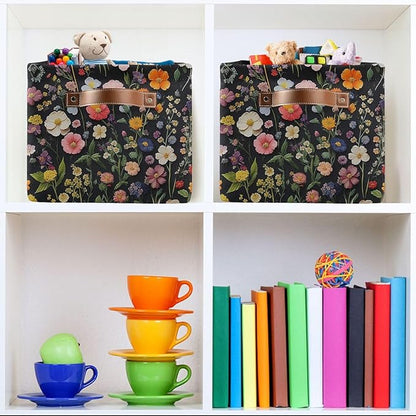 Vintage Florals Herbs Storage Basket Decorative Watercolor Herbs Fabric Baskets Bins Foldable Shelf Closet Baskets Storage Box Cube With Handle Organizer Basket For Kids Toys Clothes Bedroom