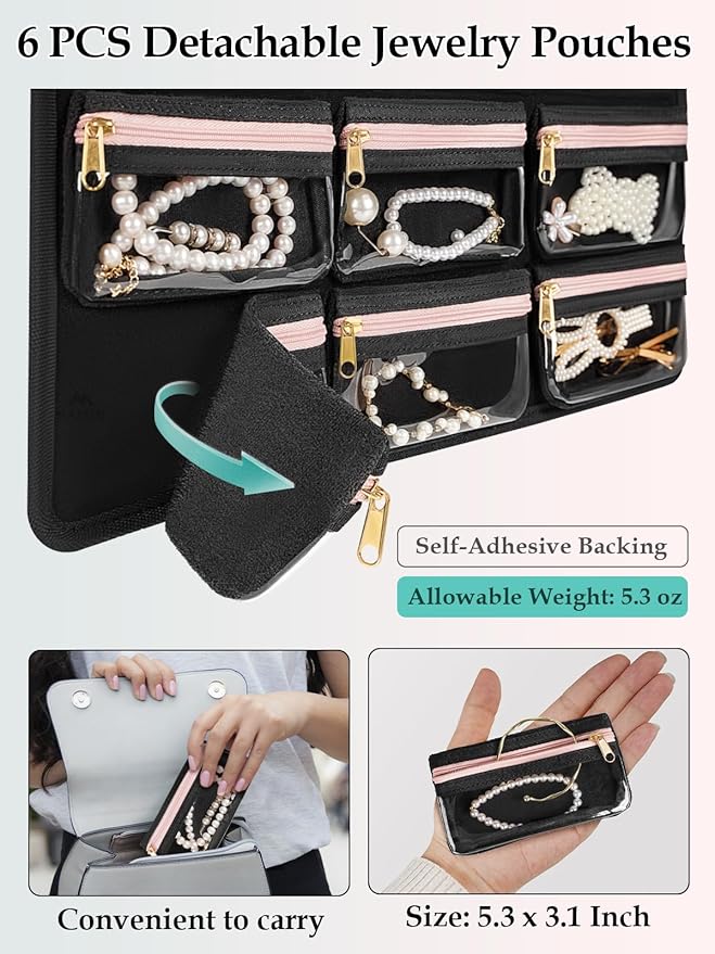 MATEIN Hanging Jewelry Organizer with Removable Zipper Jewelry Pouches, Tangle-Free Necklace Hanger for Closet with Metal Hook, Over the Door Earring Storage Bracelet Ring Holder
