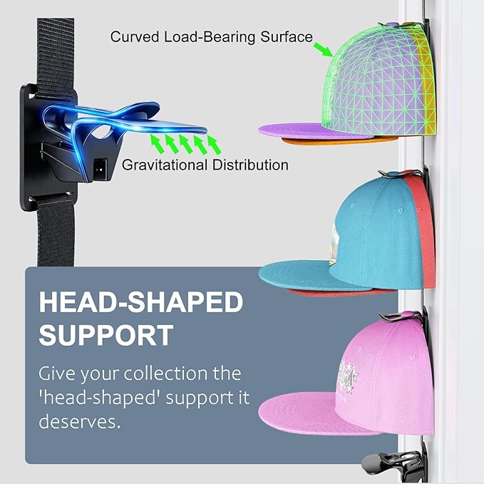 AXU Hat Rack for Door, Hat Organizer for Baseball Caps, Over the Door Hat Storage Organizer - Holds 20-40 Caps | Black, 2 Straps