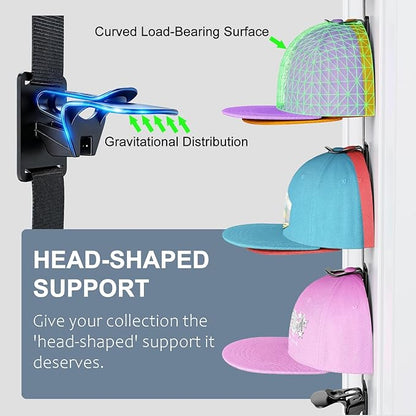 AXU Hat Rack for Door, Hat Organizer for Baseball Caps, Over the Door Hat Storage Organizer - Holds 20-40 Caps | Black, 2 Straps