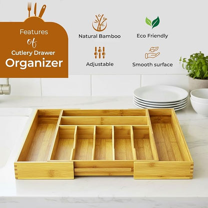 Bamboo Drawer Organizer | Expandable Silverware & Utensil Organizer for Kitchen | Flatware Cutlery Tray with Adjustable Dividers | Wooden Drawer for Knives, Spoons & Forks | Natural Bamboo