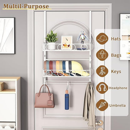Over Door Hat Organizer 3 Tier Wall Mounted Hat Rack with 2 Adjustable Metal Basket and 3 Hooks Hat Organizer for Baseball caps Hat Hanger Holder Display for Door Closet, Cap Organizer Storage