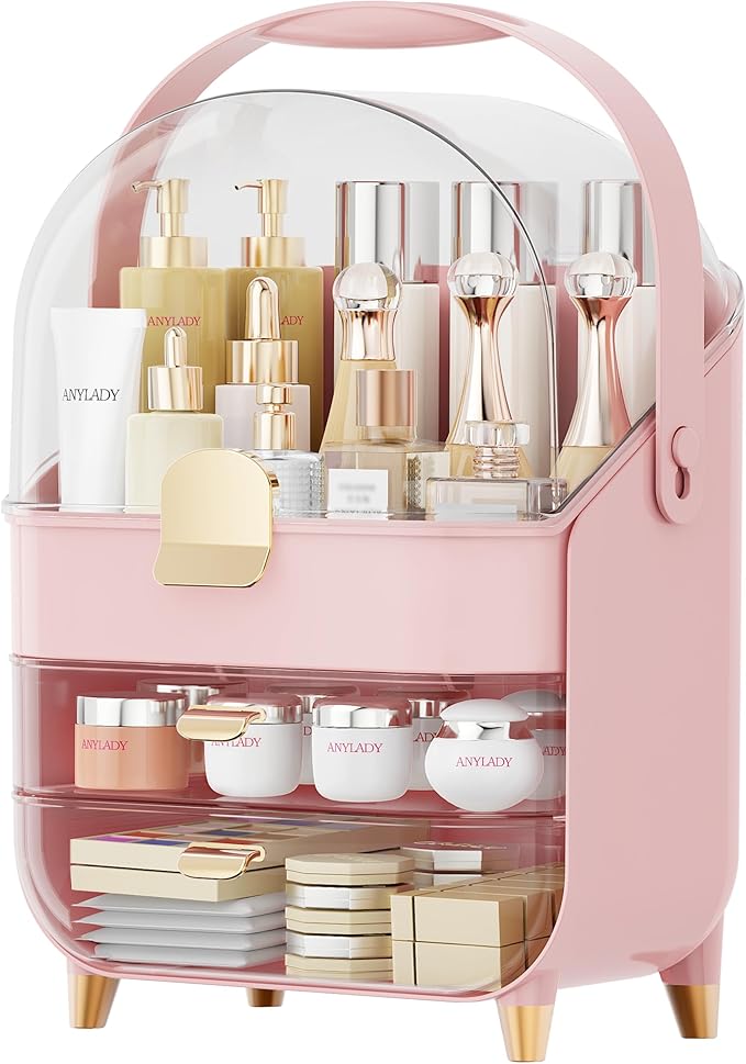 Makeup Organizer Countertop, Skincare Holder Bathroom Counter Organizer, Storage Box Cosmetic Display Cases, Teen Girl Gifts Make up Organizers for Vanity, Dresser (Pink)
