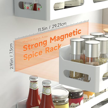Sevenblue 2 Pack Strong Magnetic Spice Rack for Refrigerator, Multipurpose Magnetic Shelf for Fridge with 4 Hooks for kitchen and Bathroom Organization, White