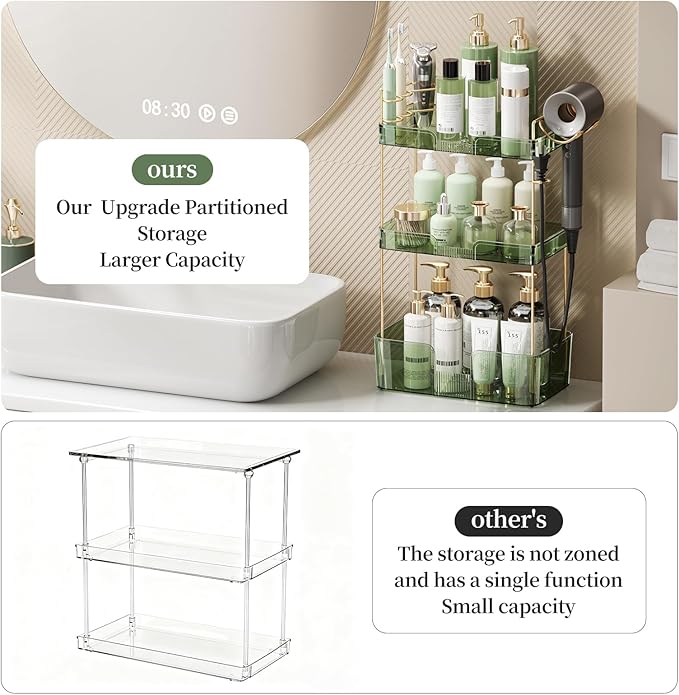 Bathroom Counter Organizer for Vanity, Makeup Organizer Countertop with Holder, Large Capacity Storage Rack, Perfect Large Skincare, Hair Care, Perfume, Easy to Install (Green, 3Tiers)