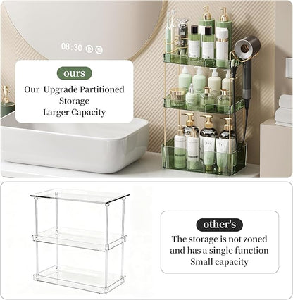 Bathroom Counter Organizer for Vanity, Makeup Organizer Countertop with Holder, Large Capacity Storage Rack, Perfect Large Skincare, Hair Care, Perfume, Easy to Install (Green, 3Tiers)
