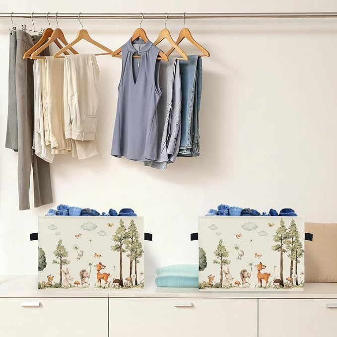Forest Animal Nursery Storage Box Bins, Watercolor Tree Deer Fox Bunny Animal Collapsible Storage Basket Organizer for Kids Room Laundry Room Clothes Books, Decor for Room