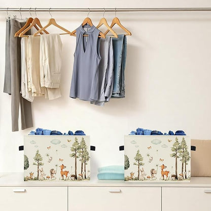 Forest Animal Nursery Storage Box Bins, Watercolor Tree Deer Fox Bunny Animal Collapsible Storage Basket Organizer for Kids Room Laundry Room Clothes Books, Decor for Room