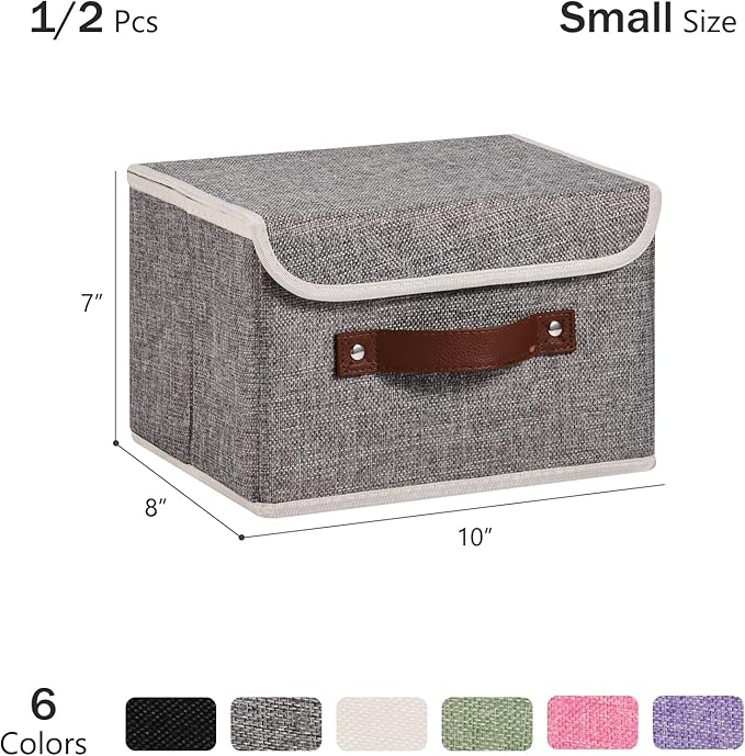 Storage Bins Box with Lids Decorative Cotton Linen Fabric Baskets Cubes with Handles PP Plastic Board Foldable Washable Lidded Clothing Shelf Closet Organizer Container (Gray, Small)