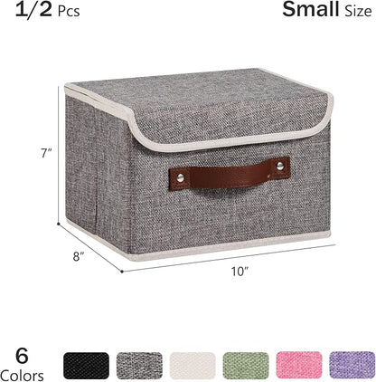 Storage Bins Box with Lids Decorative Cotton Linen Fabric Baskets Cubes with Handles PP Plastic Board Foldable Washable Lidded Clothing Shelf Closet Organizer Container (Gray, Small)