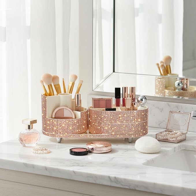 Teen Girls Mother's Day 360 Rotating Bling Makeup Organizer Gift Rhinestone Diamond Bathroom Organizer Girly Skin Care Brush Holder for Countertop, Bathroom Essentials(Champagne,Rhinestone)