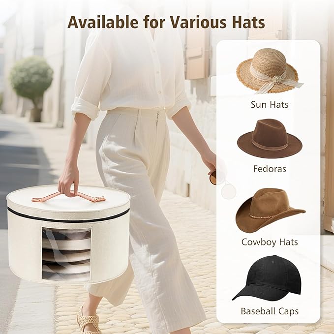 HEAVYWOOD Hat Box for Women Storage Travel Felt Hat Case for Wide-Brim Cowboy Hat Storage Foldable Organizer for Closet Large Round Hat Carrier with Portable Handle (White)