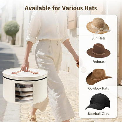 HEAVYWOOD Hat Box for Women Storage Travel Felt Hat Case for Wide-Brim Cowboy Hat Storage Foldable Organizer for Closet Large Round Hat Carrier with Portable Handle (White)