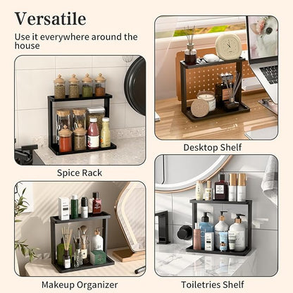 PEKER Bamboo Bathroom Organizer Countertop – Small Vanity Storage Shelf for Makeup, Perfume, Skincare – Natural Cosmetics Display Rack for Dresser, Sink, Kitchen –Black